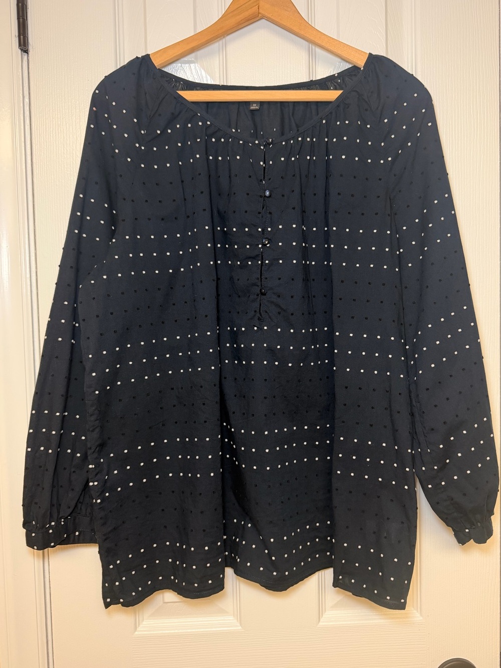 Talbots Navy Blue Dotted Swiss Blouse 1X Cotton Boho Peasant Tunic Top EUC
